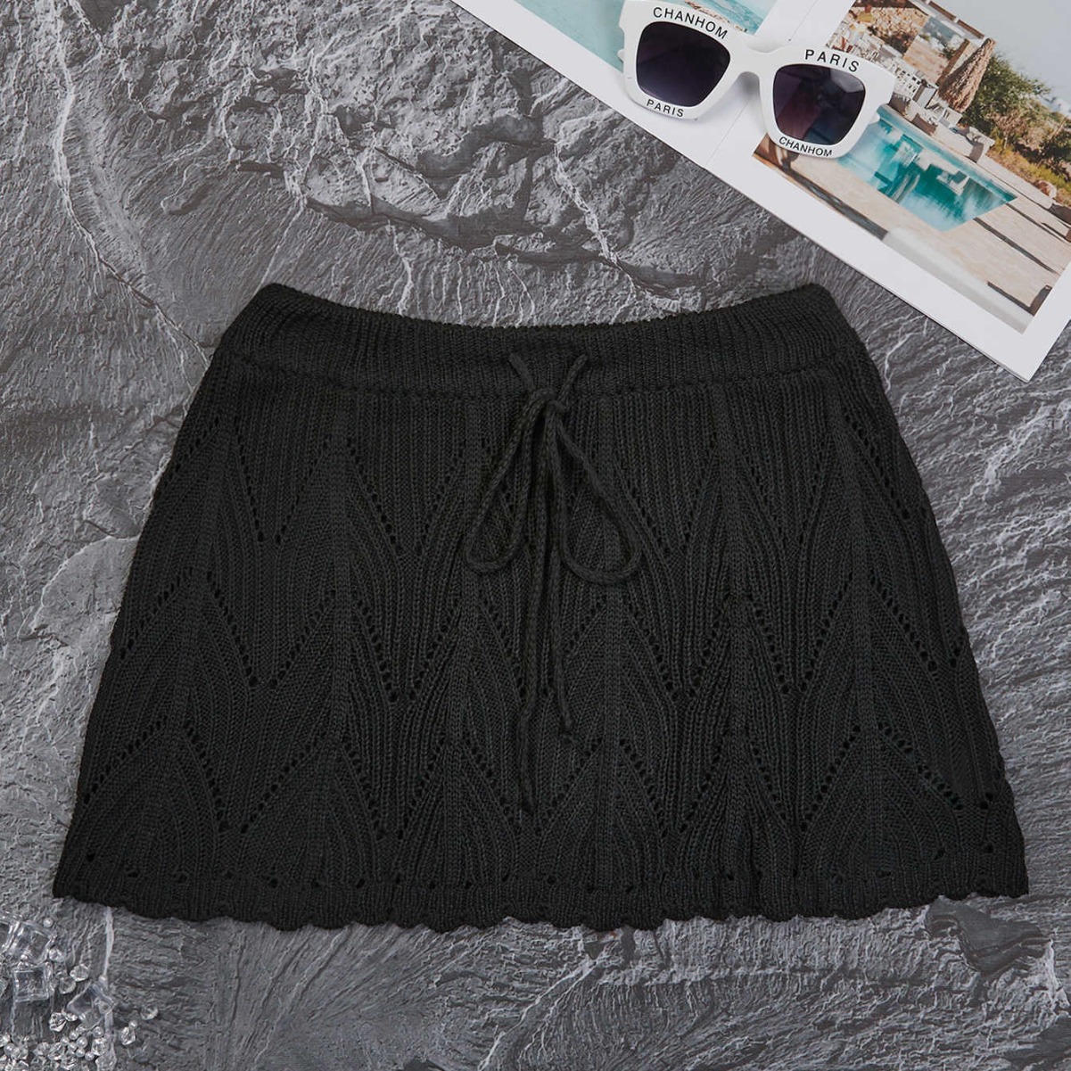 2025 New Women's Clothing Designer Solid Color Drawstring Lace Knitted Hollow Beach Skirt Bikini Women's Swimming Skirt