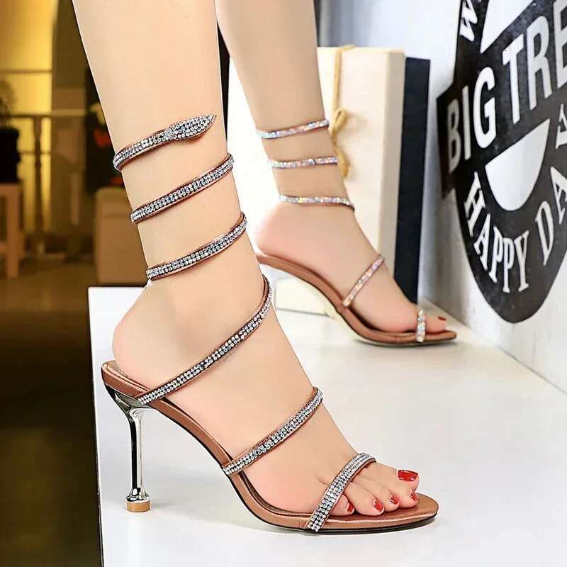Women Party 8.5cm High Heels Summer Sexy Nightclub Sandals Female Red Green Ankle Strappy Roman Gladiator Crystal Sandles