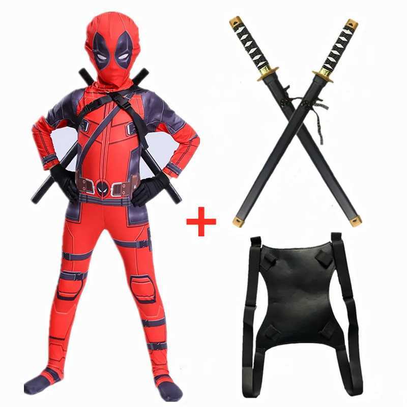 Childrens Death Pool cosplay jumpsuit movie hero character mask tight fitting suit dagger toy set Halloween New Year costume and sword bag gift W25011