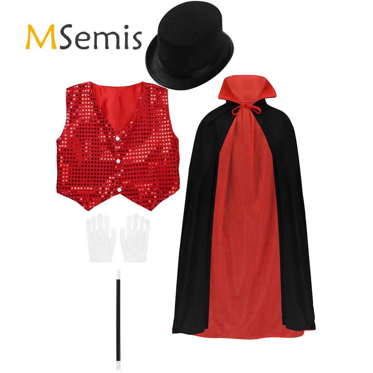 Kids Magician Cosplay Costume Role Play Props Outfit Waistcoat Cape Hat Magic Wand Gloves Set for Cosplay Choir Jazz Dancewear W250117