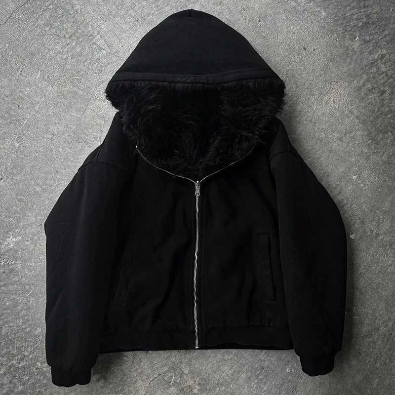 Fashion Autumn and Winter Warm Hip Hop Men Clothes Reversible Streetwear Loose Solid color Y2K Zip up Hoodie Goth American Style W250117