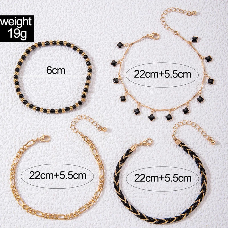 Tocona Simple Black Crystal Stone Anklet Set for Women Girl Charms Rope Geometric Multilayer Foot Chains Jewelry 24189 250114