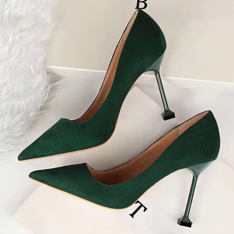 Women 9.5cm High Korean Pumps Lady Wedding Bridal Suede Purple Green Red Stiletto Heels Nightclub Office Party Shoes