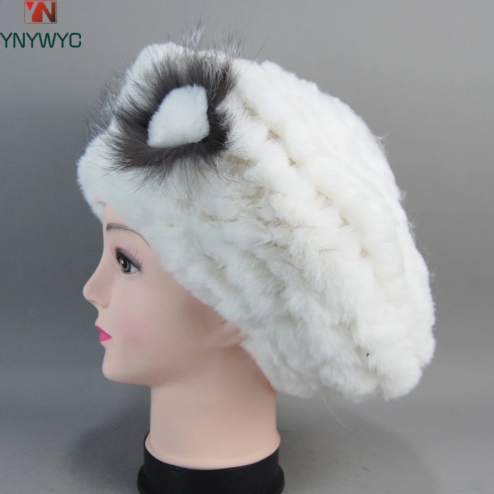 Rex Rabbit Fur Beanies Hat Womens Knitted 100% Natural Rex Rabbit Fur Beret Womens Winter Warm Fur Hat 250109