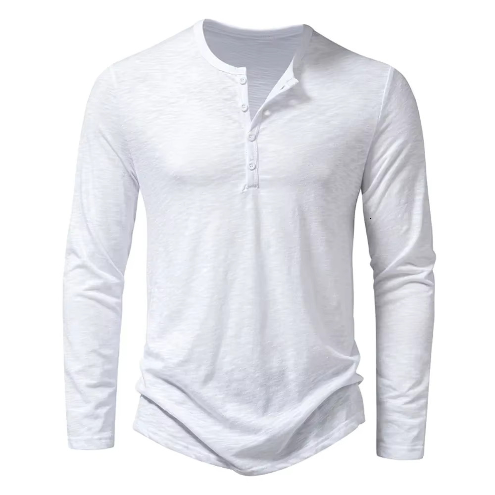 Autumn New Men's Cotton Button Long Sleeved Henley Collar Designer T-shirt Casual Solid Color Breathable Multifunctional Fashionable Slim Fit T-s