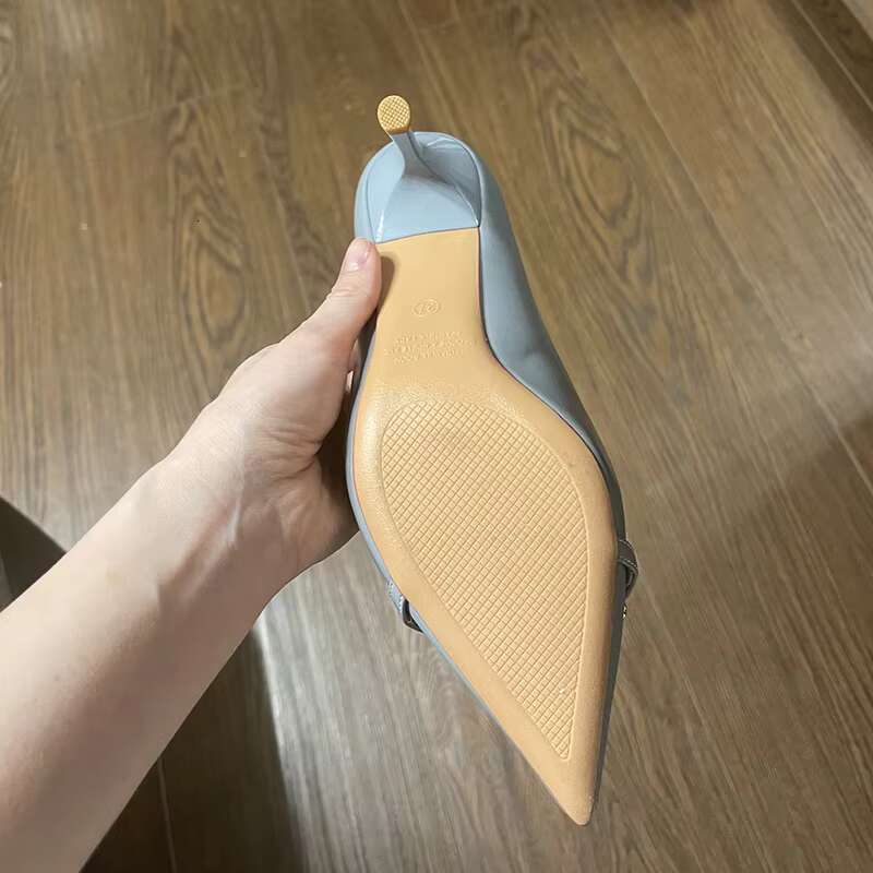 Women 7cm High Pumps Lady Scarpins Nightclub Blue Nude Red Low Heels Wedding Party Metal Chain Bule Mom Office Shoes