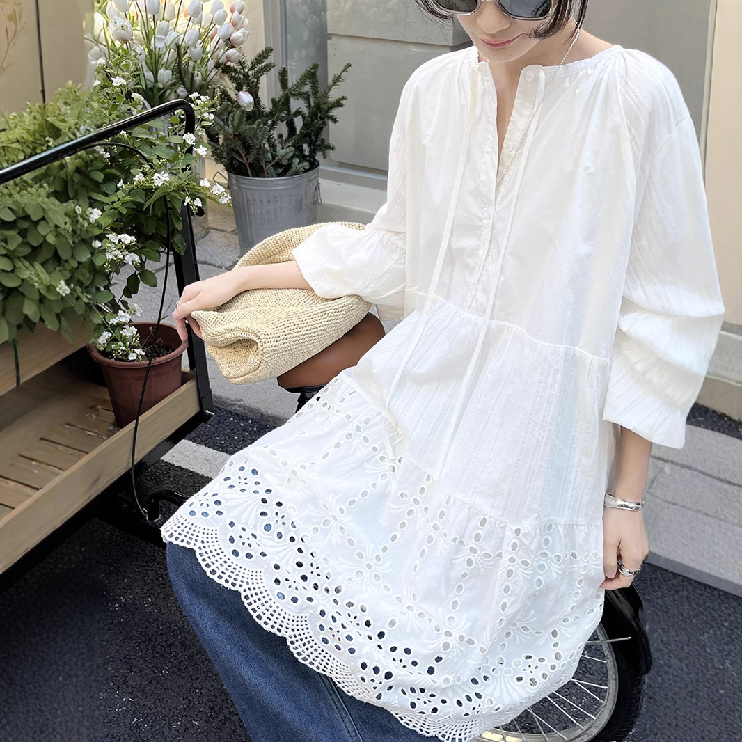 2025 New Women's Early Spring Thirteen Rows 100% Cotton Korean Designer Hollow Embroidery Lantern Sleeves Loose Beach Skirt Swinging Dress