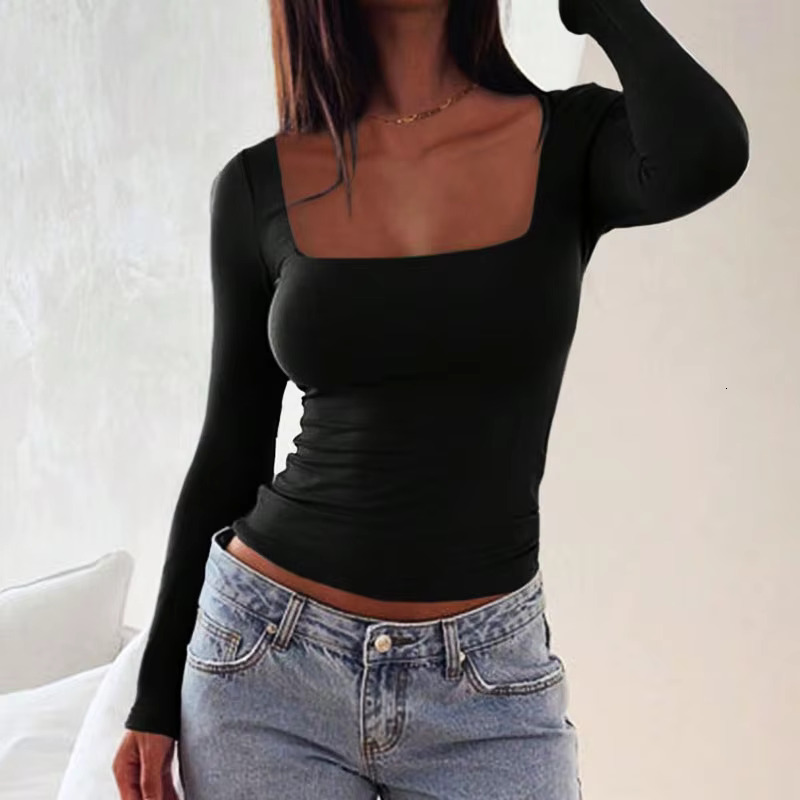 New Women's Autumn Sexy Low Cut Solid Color Elegant T-shirt Street Wear Fashionable Long Sleeved Casual Slim Fit Versatile Women's Designer 
