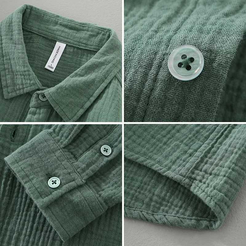 High Quality Mens Casual Crinkled Double Gauze Long Sleeve Shirt For Men Cotton Yarn Soft and Comfortable Breathable Square Neck Shirt T250121