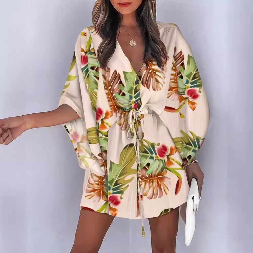 2025 New Summer Women's Designer Flying Sleeve Sexy V-neck Strap Printed Beach Skirt