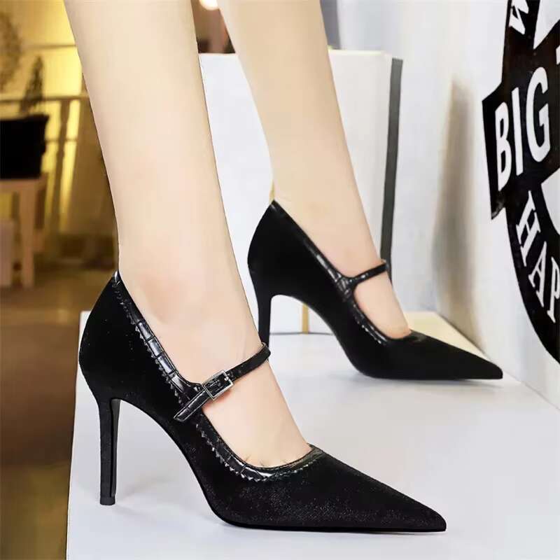 Women 10cm High Pointed Toe Shallow Fashion Wine Red Veet Pumps Stiletto Thin Heels Wedding Mary Jane Belt Strap Shoes