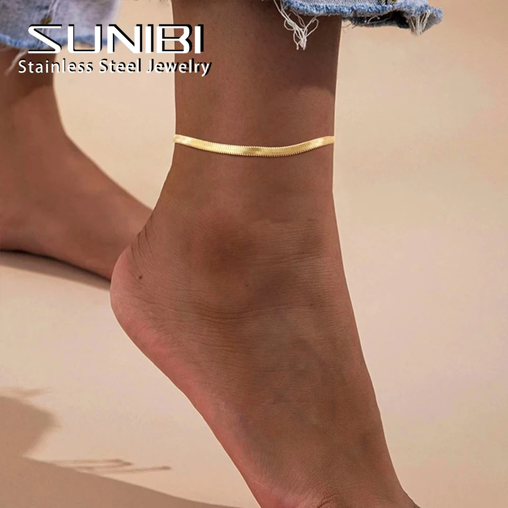 SUNIBI Stainless Steel Snake Chain Anklet for Women Summer Beach Gold Color Anklets Fashion Jewelry Drop Wholesale 250114