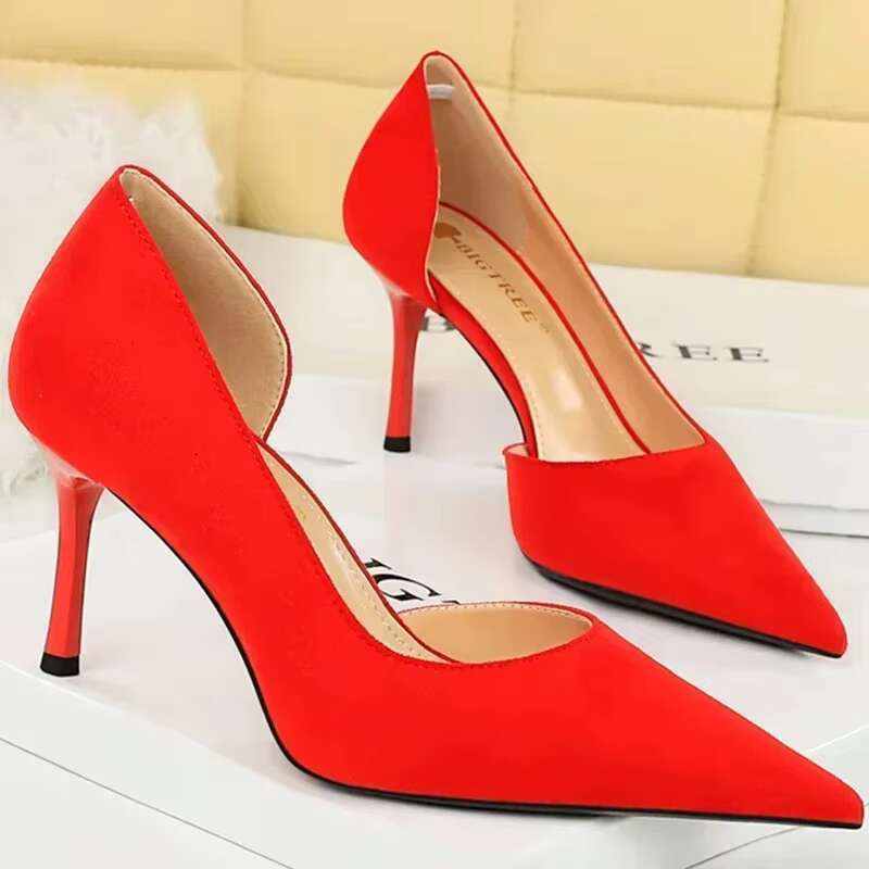 Big Size Fashion Women Daily Holiday Suede Green Red Pumps Lady 8.5cm High Basic Pointed Toe Hollow Wedding Middle Heels
