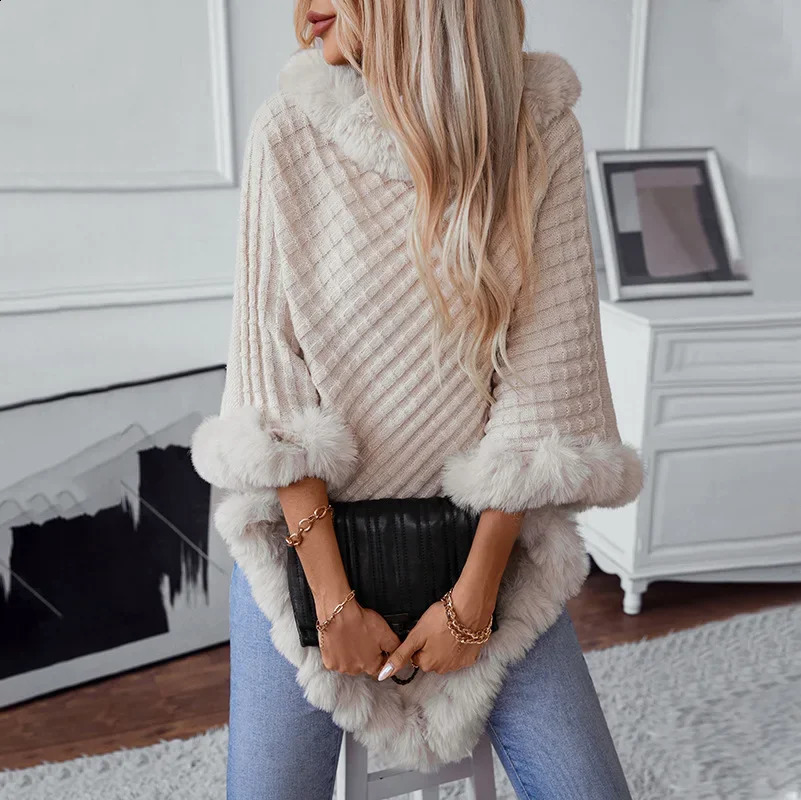Knitted Cloak Sweater Women Shawl Outwear Warm Hairball Knit Casual Loose Plaid Poncho Cape Coat Spliced Solid Elegant 250121