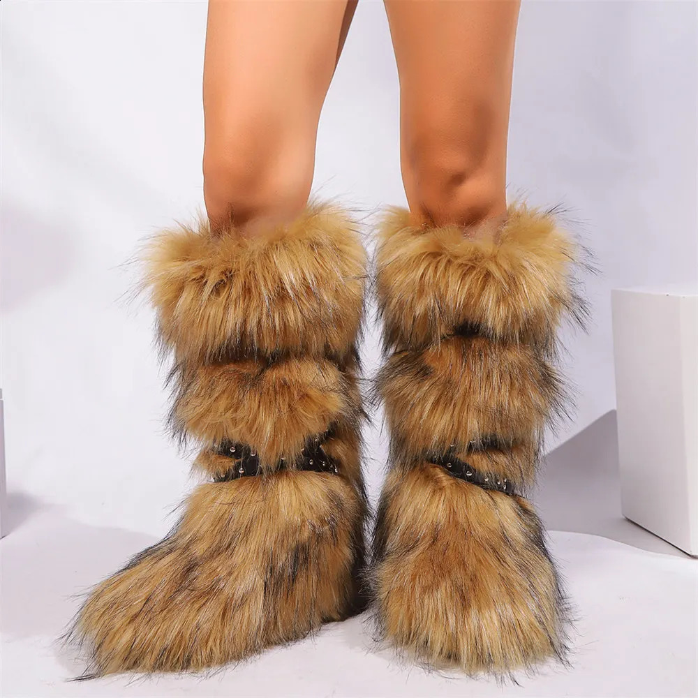 Winter Long fur y2k Sexy Snow Boot Big Size 44 Chic More Colors Buckle Belt Knee High Boots Shoes 250118