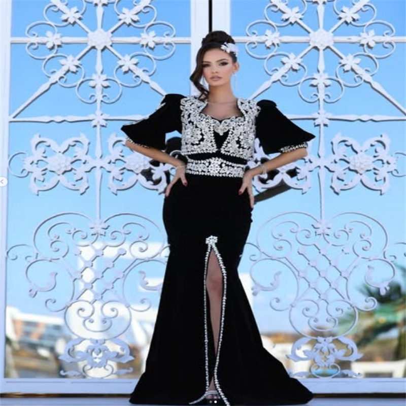 Black Kosovo Tunisian Evening Dress White Appliques Caftan Moroccan Algerian Prom Dress Formal Birthday Party Gowns Vestidos De Noche Dubai Abaya Danc