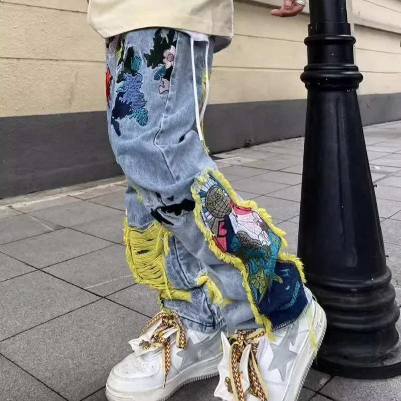 American Vintage Hip-hop Embroidery Dilapidated Jeans Fashion Y2k High Street Japanese Streetwear Men Pants Trend Men Clothing 250122