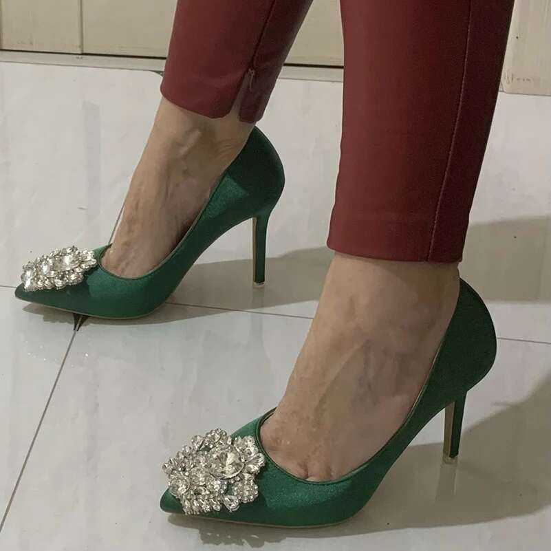 Women 10cm High Heels Sexy Rhie Green Pink Gray Pointed Toe Pumps Lady Silk Satin Escarpins Elegant Wedding Evening Shoes