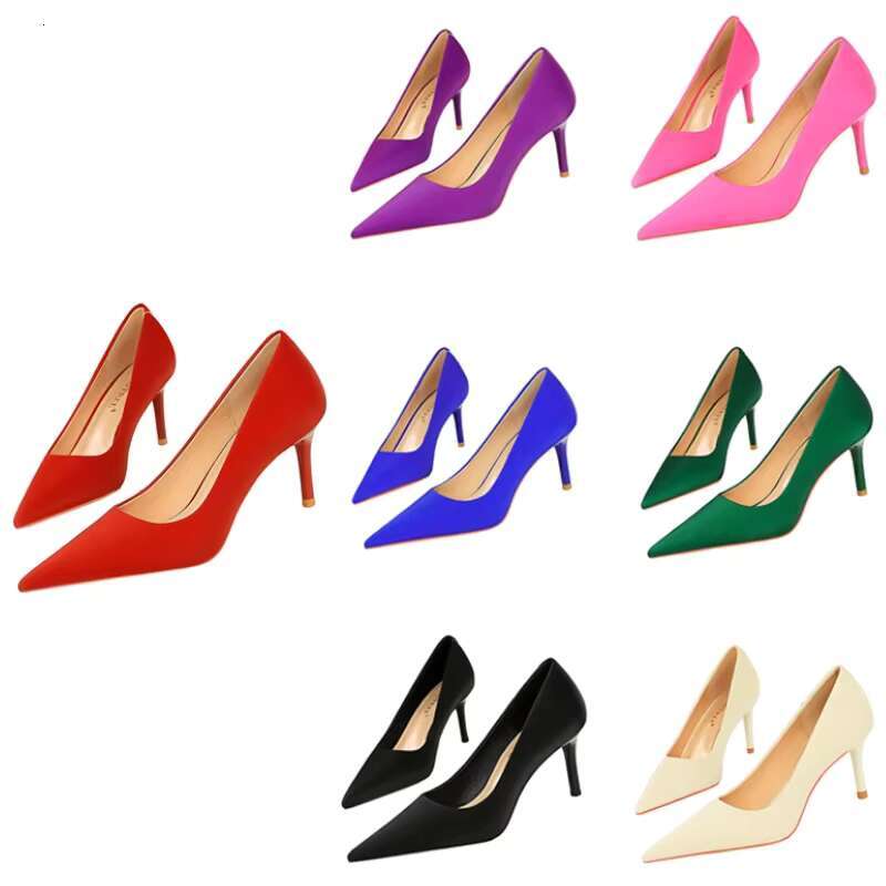 Women 7cm High Heels Versatile Solid Color 2024 Silk Satin Party Pumps Lady Fashion Classic Valentine Pointed Toe Colorful Shoes