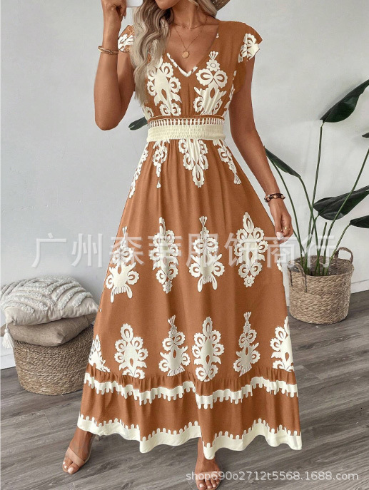 2025 Summer New Designer Women's Beach Skirt Vacation Style Printed Large Pendant Dress