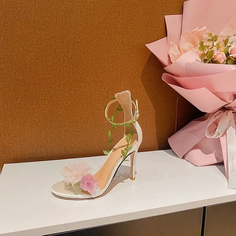 Summer Pink Sweet Chiffon Flower Dream High Heels Lace up Sandals Wedding Banquet Womens Shoes 250118