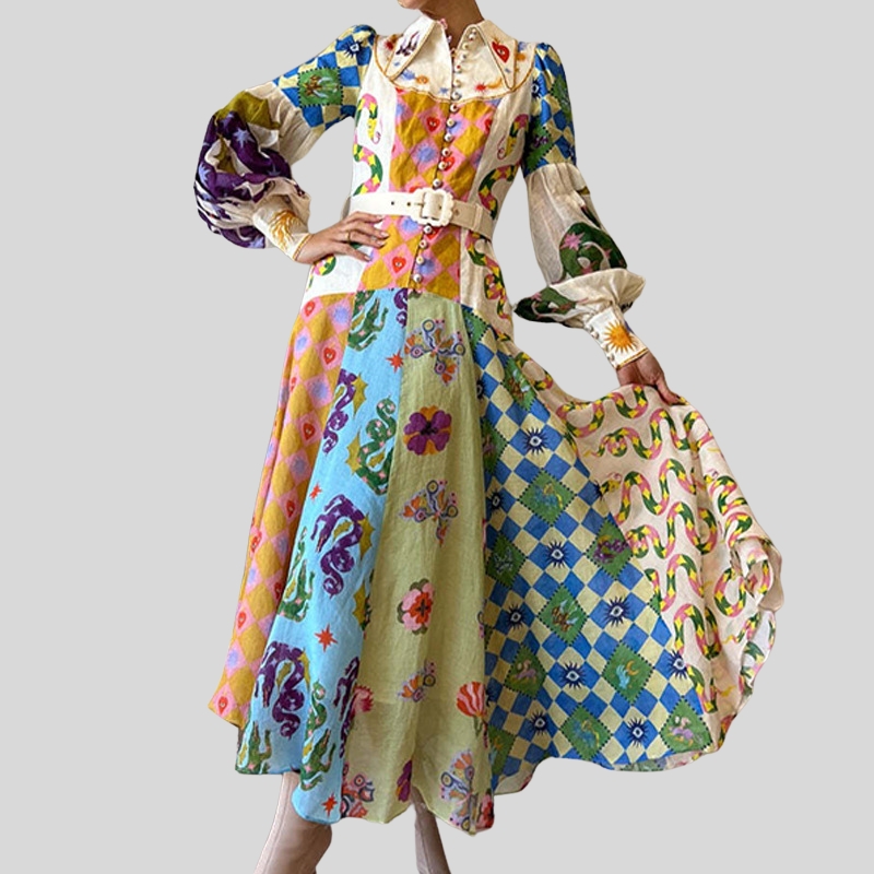 New best-selling European and American women's clothing lantern sleeves printed lapel collar waist long sleeves big pendulum dress women