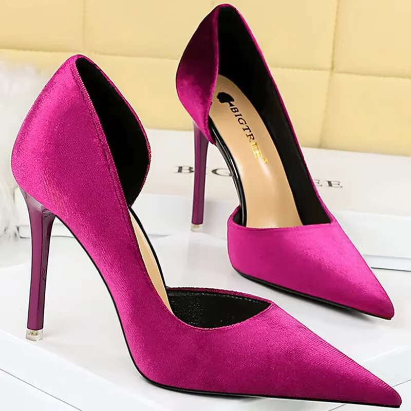 Large Size 43 Women 10.5cm High Veet Pumps Lady Shallow Pointed Toe Elegant Thin Heels Side Hollow Green Purple Shoes