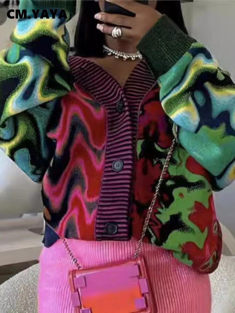 CM. YAYA womens tie dye printed knitted cardigan 2025 winter high street cardigan long sleeved V-neck jacket top 250122
