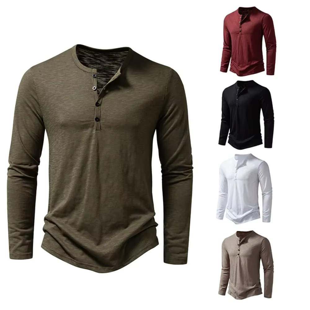 Autumn New Men's Cotton Button Long Sleeved Henley Collar Designer T-shirt Casual Solid Color Breathable Multifunctional Fashionable Slim Fit T-s