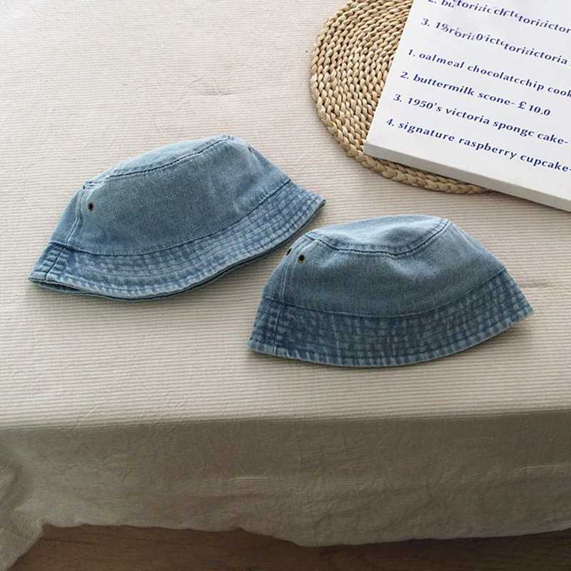 Summer childrens bucket hat boys and girls outdoor childrens sunscreen hat solid color fishing denim cloth hat baby basin beach hat M250121