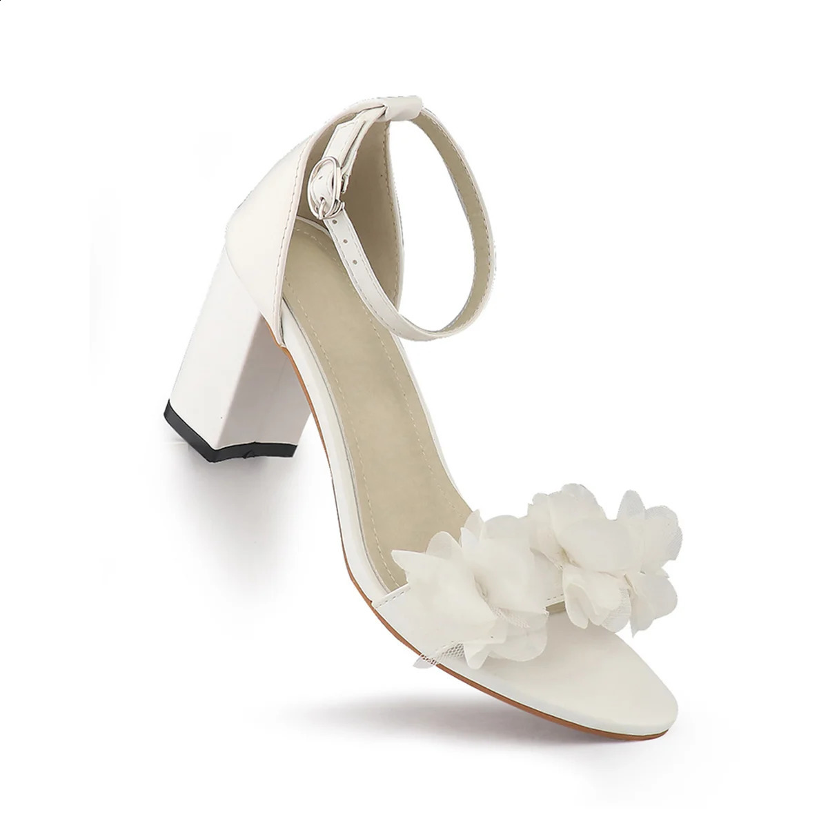 White Women Heels Flower Sandals Summer Wedding Shoes Bride Black Thick Party Fashion Open Toe Pumps 250118