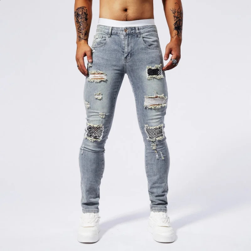Patch sequin rhinestone jeans for men with torn holes elastic summer fashion casual fit small foot muscle tight pants 250120