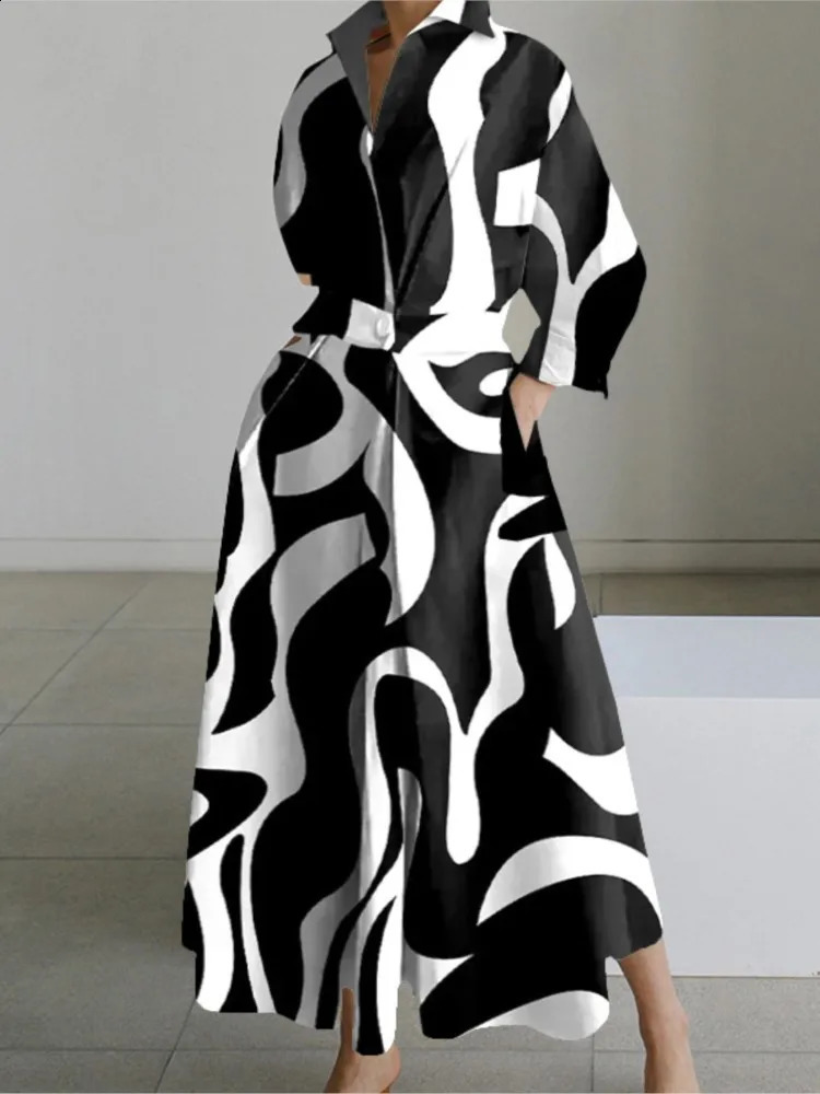 Autumn Dress Long Sleeve Dot Print Elegant Maxi Dresses For Women 2024 White Casual V Neck Shirt Party Robe Femme 250110