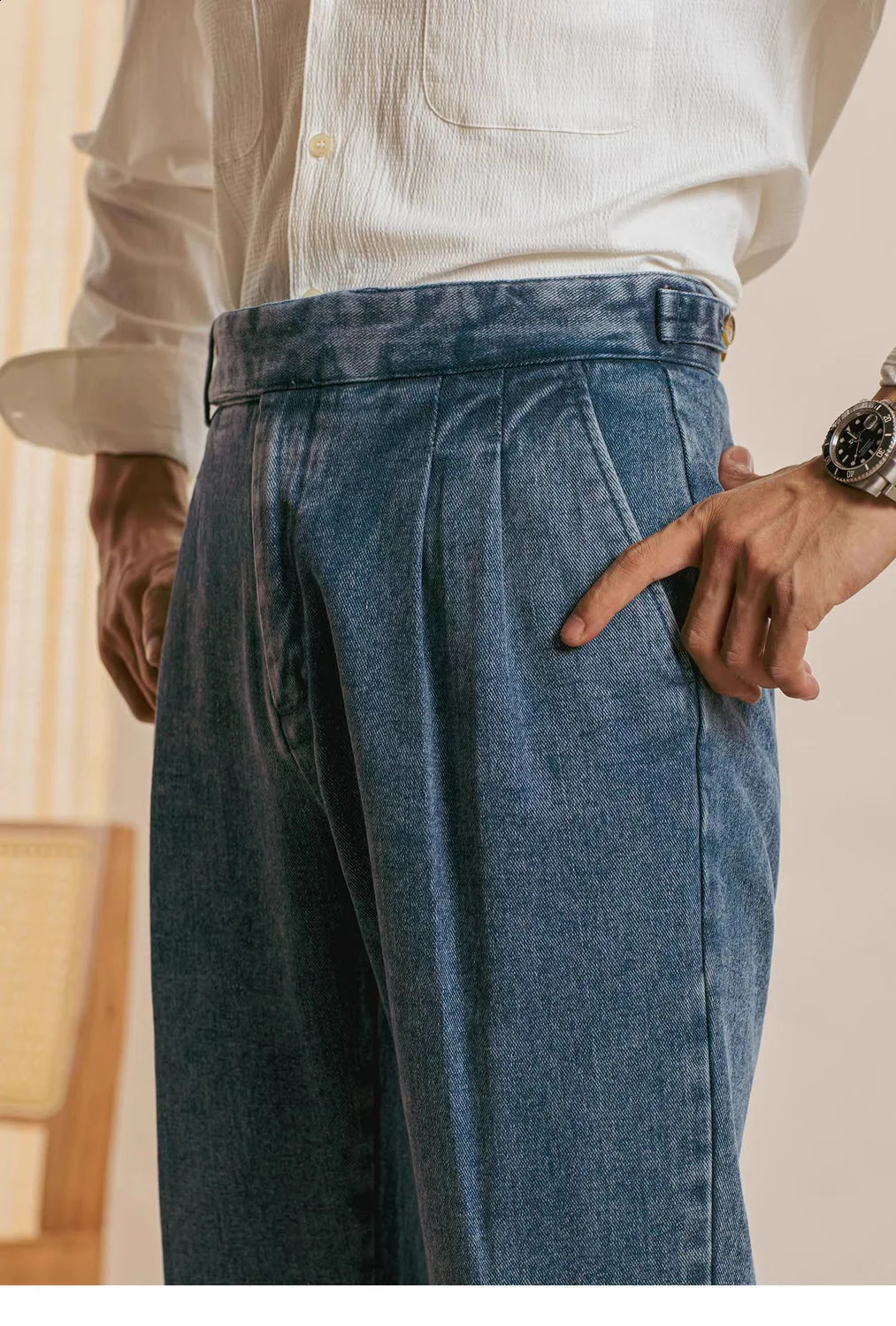 Double Pleat Jeans Men Naples Pants Wash Cotton Loose Straight Trousers Spring Autumn Fashion England High Waisted Denim Pant 250120