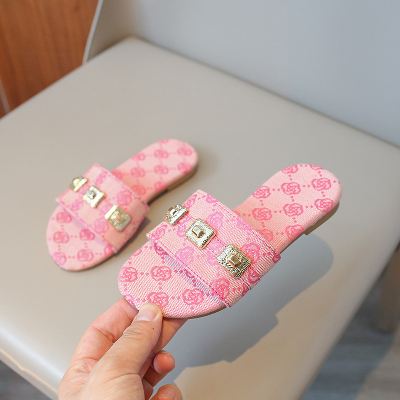 Flower Design Girls' slippers 2025 summer new children's casual flat flip-flops medium children's soft soled slippers 26-36