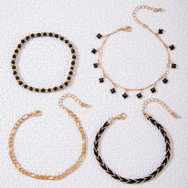 Tocona Simple Black Crystal Stone Anklet Set for Women Girl Charms Rope Geometric Multilayer Foot Chains Jewelry 24189 250114