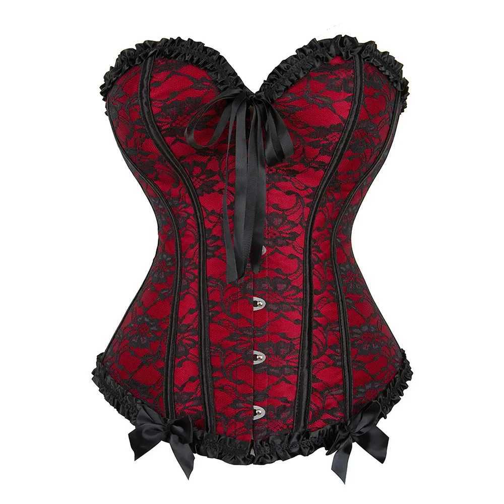Women Corset Plus Size Lace-up Bustiers Top Sexy Overbust Vintage Flower Print Lingerie Corset Lace Corset Black Red Blue W250120