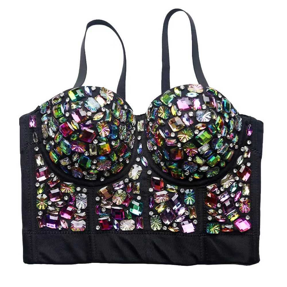 Heavy Beadings Lady Corset Rhinestones Charming Bustier Colorful Acrylic Stone Nightclub Party Sexy Female Camis Women Crop Tops W250120
