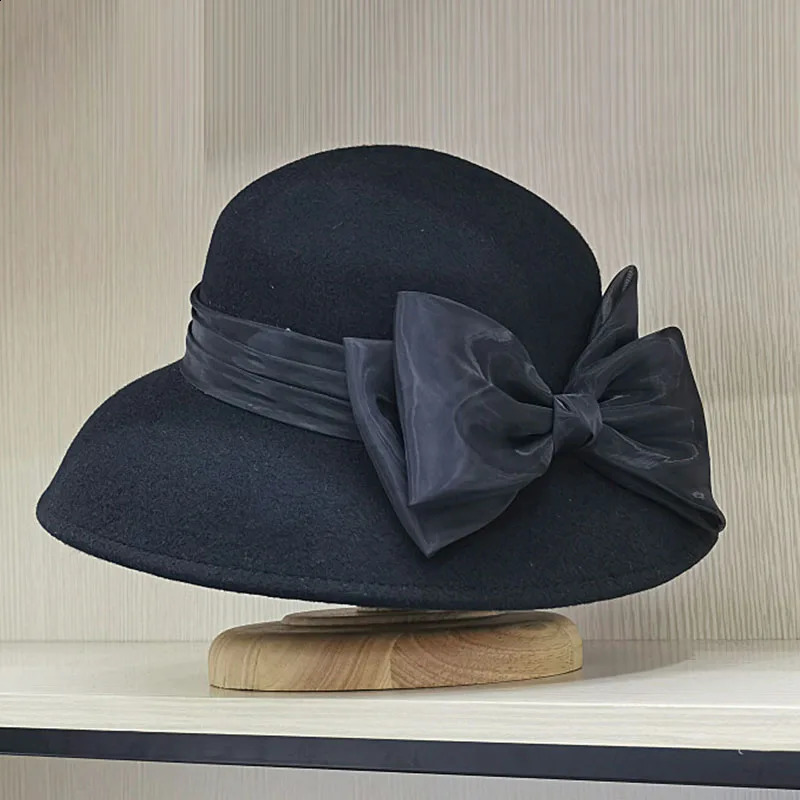 Women Cloche Wool Hat Winter Round for Fedora Bucket Vintage Bow Accent 250118