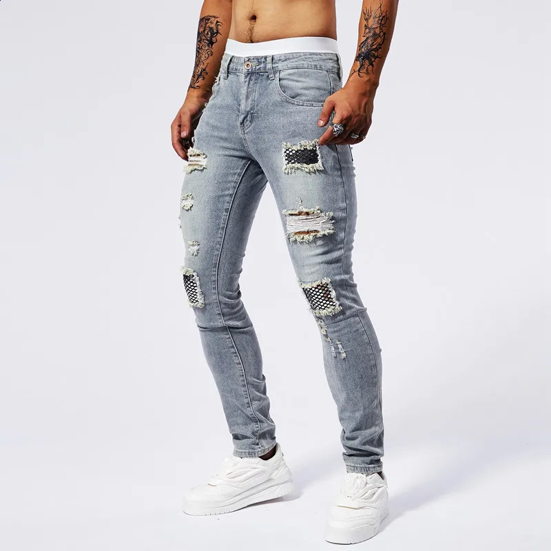Patch sequin rhinestone jeans for men with torn holes elastic summer fashion casual fit small foot muscle tight pants 250120