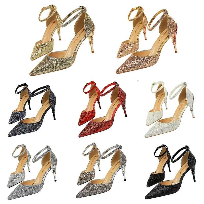 Women 7.5cm 9.5cm High Bg Wedding Sandals Ankle Strap Shoes Gold Siery Blue Sequins Banquet Designer Low Heels
