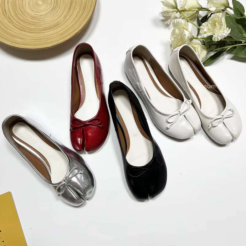 Split Toe Shoes Tabis Ballet Flats Women Black Leather Mary Janes Plus Size 44 Butterfly Knot Ballerinas Atos Mujer 250221