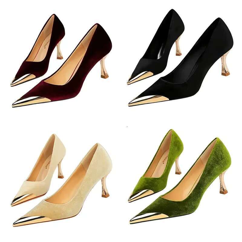 Women 7cm High Classic Green 2024 Bury Party Veet Pumps Lady Nightclub Low Heels Metal Toe Elegant Wedding New Shoes