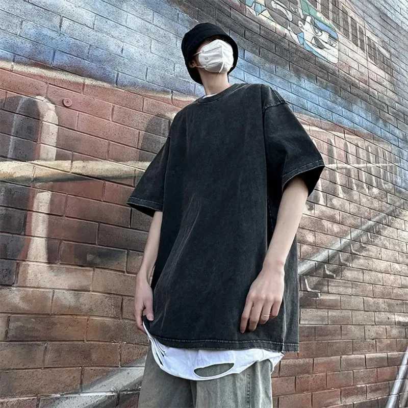 230G Cotton Retro T-shirt Drop-shoulder Sleeve Men Women Vintage Short-sleeve T Shirts Solid Color Hip Hop Loose Tees W250117