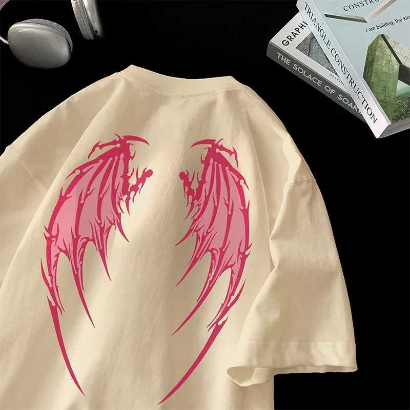 Angel Wings Printed T-shirt Y2k Short Sleeve Letter Printing Tee 2024 Summer New Street Style T Shirts Large Size Unisex Shirt W250117