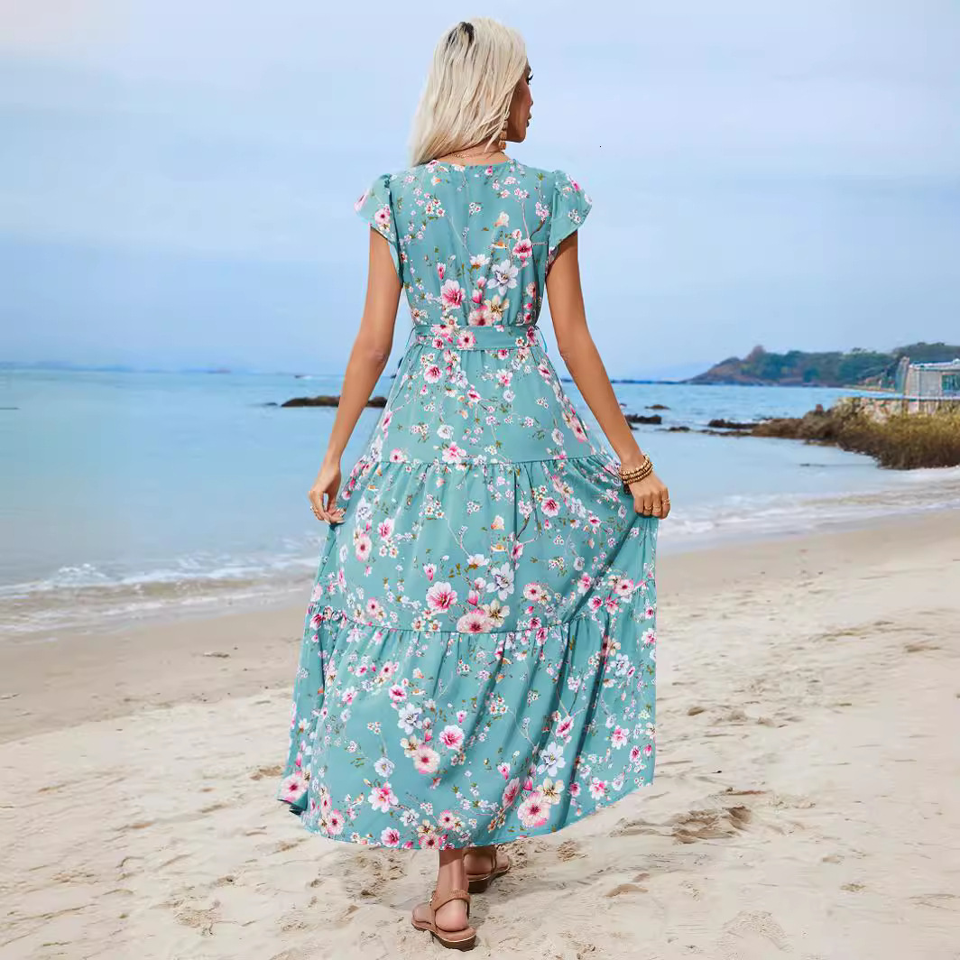 2025 New Women's Beach Skirt Printed Belt V-neck Designer Dress Bohemian Vacation Beach Skirt