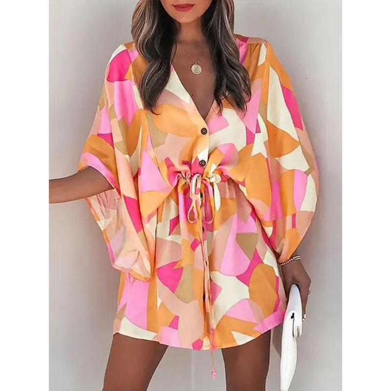 2025 New Outdoor Casual Dress Personality Women's Summer Women's Designer Flying Sleeve V-neck Lace Up Printed Beach Skirt