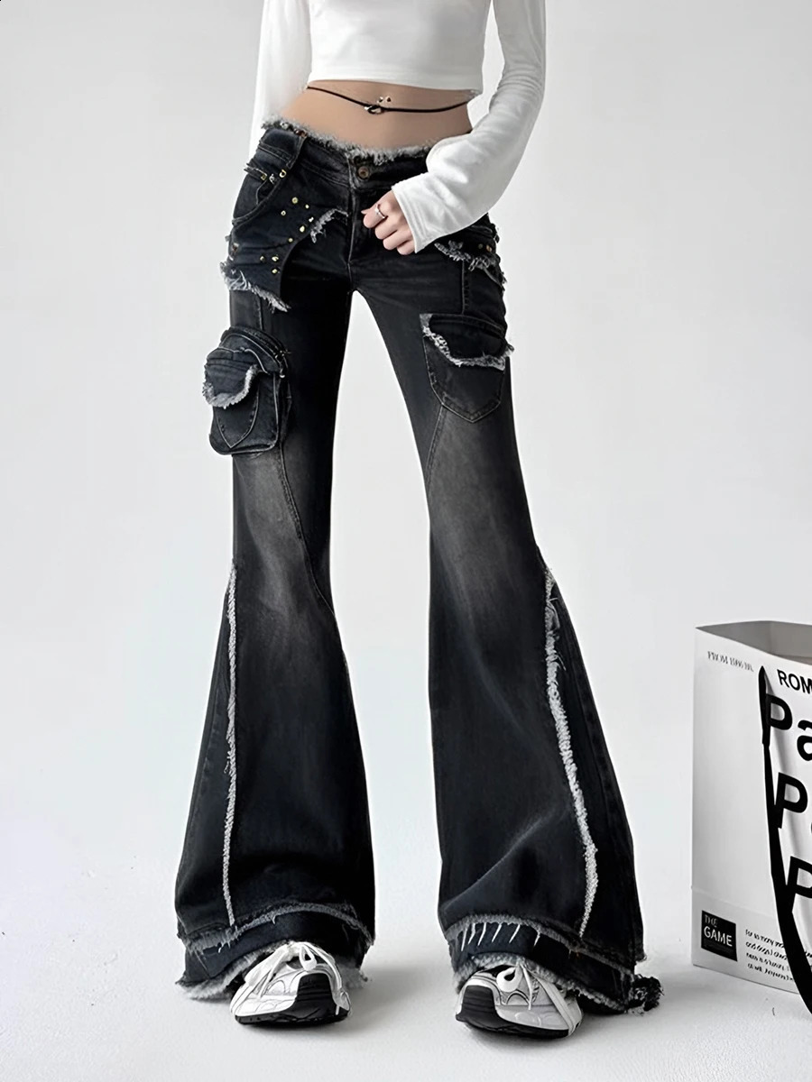 Womens Black Gothic Jeans Y2K Cargo Baggy Flash Japanese Harajuku Streetwear Aesthetic Vintage 90s Jeans Trouser Clothing 2025 250109