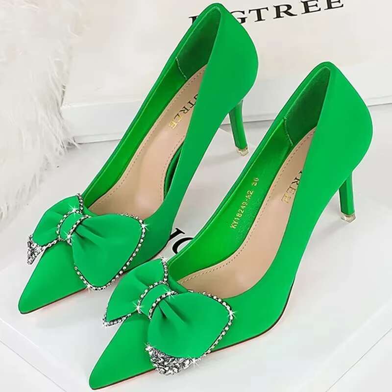 Women 7.5cm High Heels Pointed Toe Kawaii Party Silk Satin Pumps Lady Cute Korean Style Wedding Rhie Bow Green Red Shoes