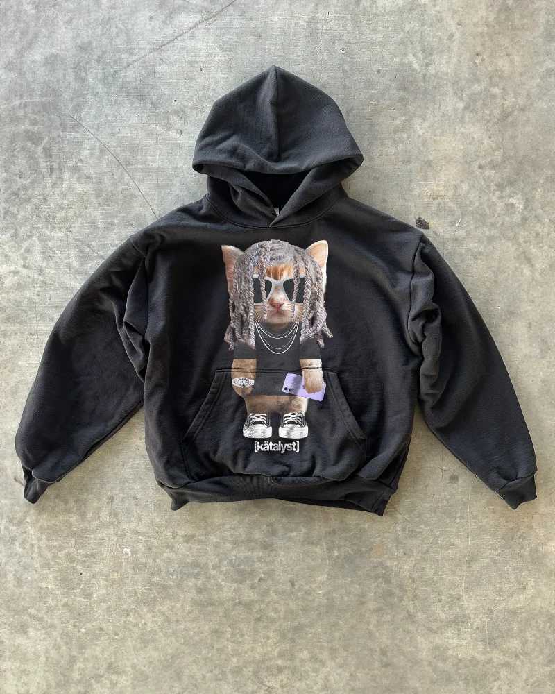 American Fashion Casual Mens Hoodie Y2K Harajuku Retro Cartoon Cat Print Street Gothic Trendy Loose Couple Sweater Womens W250117